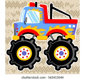 Monster truck on tire tracks background, vector cartoon illustration