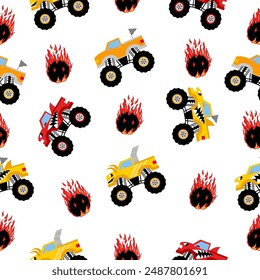 The Monster Truck Pattern Cartoon is a distinctive and intriguing cartoon pattern featuring oversized bus-like vehicles with large, transparent wheels and sleek, nature-inspired designs.