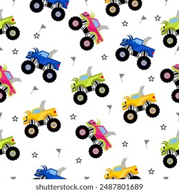 Los dibujos animados de Monster Truck Pattern tienen como tema la diversión y la aventura, y representan escenarios como carreras de camiones gigantes, saltos de autobús en el aire o aventuras