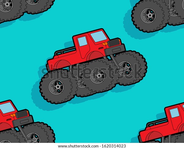 Monster Truck pattern seamless.\
car on big wheels background. Baby fabric ornament. vector\
texture
