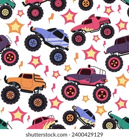 Monster truck pattern. Seamless print of vehicle with monster truck tires and engine, cartoon road vehicle texture for wrapping paper printing. Illustration of vehicle pattern car transportation