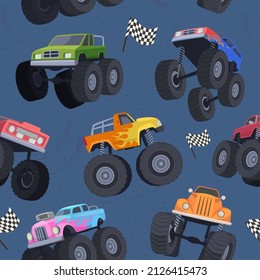 Monster Truck Pattern. Textile Template Illustrations With Big Wheel Cars Exact Vector Seamless Background