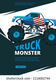 Monster truck poster. Design template of retro placard with illustration of monster truck. Transportation drive extreme, vehicle 4x4 vector