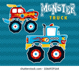 Monster truck race cartoon. Vector cartoon illustration