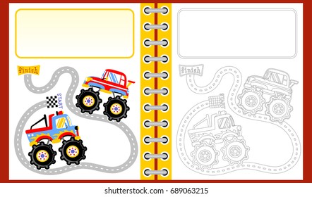 monster truck racing with text template, coloring book or page, vector cartoon illustration