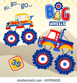 monster truck racing, vector cartoon illustration