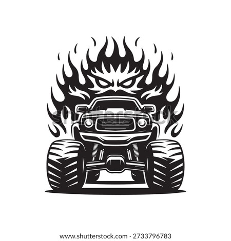 Monster truck roaring with flames and intense energy in black and white