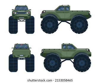 Monster truck set. Off-road vehicle with a heavy duty suspension for competition and entertainment. Front, back and two side views. Flat vector illustration