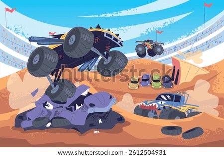 Monster truck show. Monstertruck jump stadium arena, cartoon 4x4 trucks with big wheels tire crash cars jumping hot stunt, muscle motor bigfoot vehicle classy vector illustration original artwork