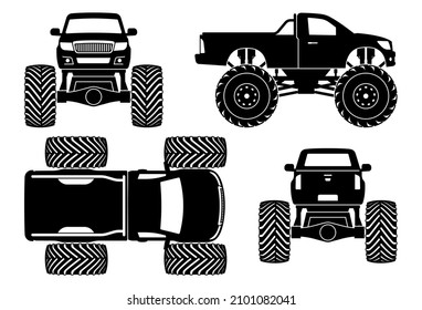 Monster truck silhouette on white background. Bigfoot car monochrome icons set view from side, front, back, and top