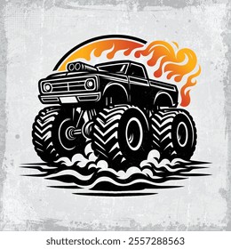 Monster Truck silhouette, vector illustration on grunge background with flame.