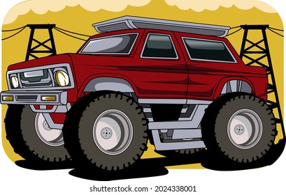 monster truck sunset background hand drawing illustration