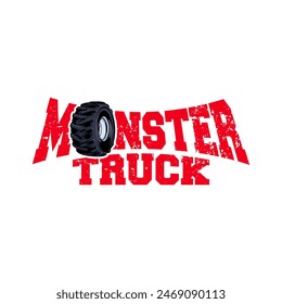 monster truck text, letter with tire vector logo design inspiration, Design element for logo, poster, card, banner, emblem, t shirt. Vector illustration