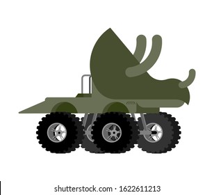 Monster Truck triceratops. Cartoon car dino on big wheels. vector illustration