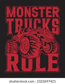 Monster Truck T-Shirt Design. red monster trucks rule vector t shirts.
