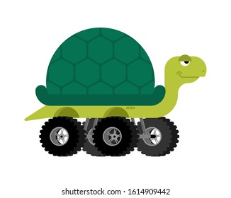 Monster Truck turtle. Cartoon car animal on big wheels. vector illustration