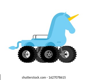 Monster Truck unicorn. Cartoon car animal on big wheels. vector illustration