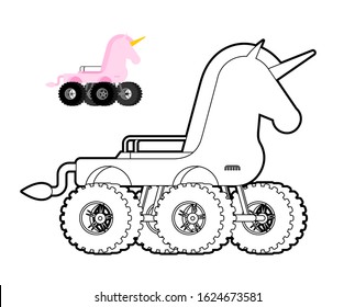 Monster Truck unicorn coloring book. Animal car on big wheels. vector illustration