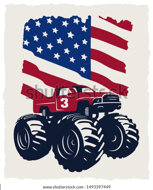 Monster Truck and USA flag. Vintage Vector\
illustration with grunge\
texture
