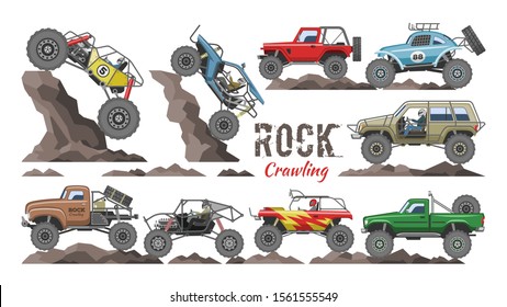 Monster truck vector cartoon rock vehicle crawling in rocks and extreme transport rocky car illustration. Set of heavy rocky monster-truck with large wheels isolated on white background.