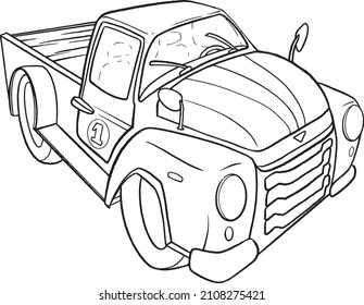 Monster truck vector line cartoon car and extreme transport illustration isolated on white background for boys. isolated on white background. Doodle Illustration in modern t-shirts style for clothes.