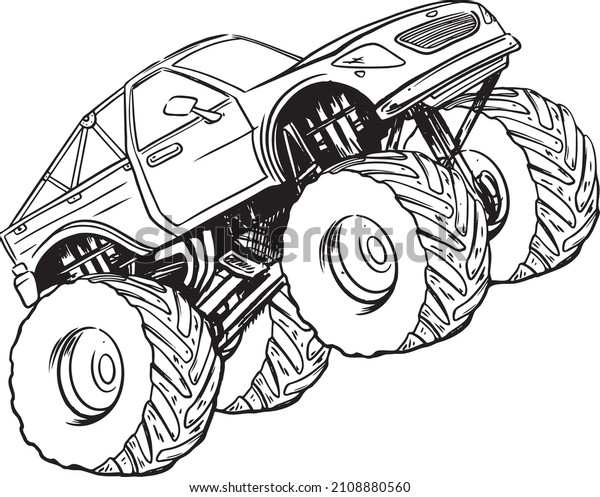 Monster truck vector line cartoon car and
extreme transport illustration isolated on white background for
boys. isolated on white background. Doodle Illustration in modern
t-shirts style for
clothes.