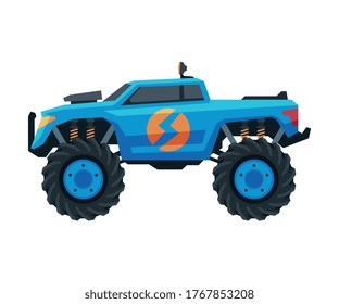 Monster Truck Vehicle, Blue Pickup with Large Tires, Heavy Professional Transport Vector Illustration