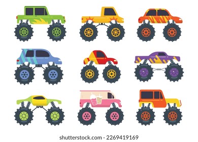 Monster truck vehicle or car and extreme transport vector illustration. Set of heavy monster truck with large wheels cartoon