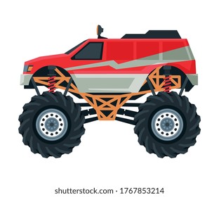 Monster Truck Vehicle, Colorful Car with Big Wheels, Heavy Professional Transport Vector Illustration