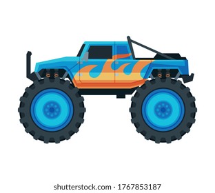 Monster Truck Vehicle, Heavy Blue Pickup Car with Large Tires Vector Illustration