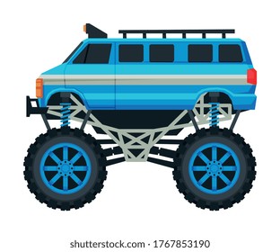 Monster Truck Vehicle, Heavy Blue Van Car with Large Tires Vector Illustration