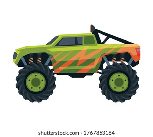 Monster Truck Vehicle, Heavy Green Pickup Car with Large Tires Vector Illustration