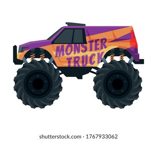 Monster Truck Vehicle, Heavy Jeep Car with Large Tires Vector Illustration