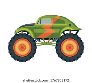 Monster Truck Vehicle, Heavy Retro Car with Large Tires Vector Illustration