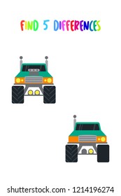 Monster truck vehicle illustration. Find 5 differences from this vehicle vector