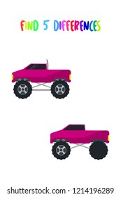 Monster truck vehicle illustration. Find 5 differences from this vehicle vector