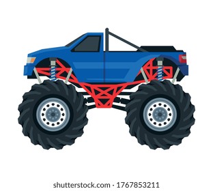 Monster Truck Vehicle, Pickup Car with Large Tires, Heavy Professional Transport Vector Illustration