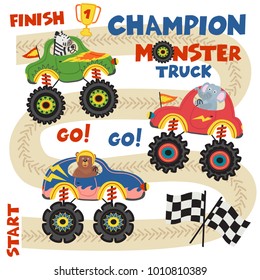 monster trucks with animals on race track - vector illustration, eps
