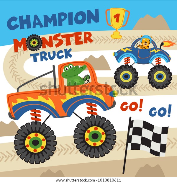 monster trucks with animals on races- vector\
illustration, eps\
