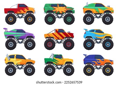 Monster trucks. Big cars with big tires for extreme shows. Powerful off-road machines. Vector illustration