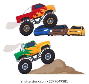 Monster trucks. Big cars with big tires for extreme shows. Powerful off-road machines. Vector illustration