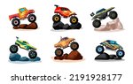 monster trucks. big wheels heavy sport agressive extreme cars. Vector cartoon trucks illustrations
