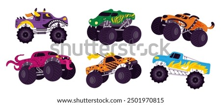 Monster trucks. Brightly colored all terrain vehicles. Entertainment show. Aggressive jeeps. Extreme obstacles overcoming. Automobiles race. Car speed rally drive. Garish