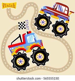 monster trucks championship, vector cartoon illustration