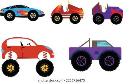 Monster Trucks Clipart Set, Vector Bundle


