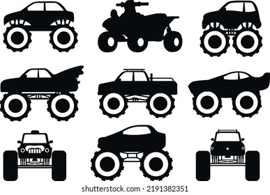 Monster trucks designs side front view off-road race cars isolated Vector Silhouettes