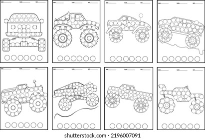 Monster Trucks Dot Markers for kids activity coloring book or page. 