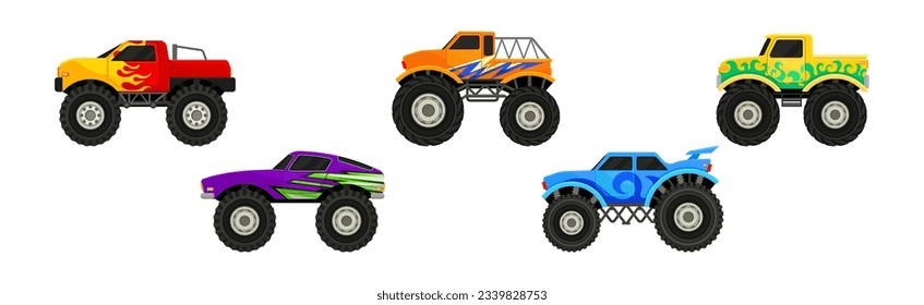 Monster Trucks and Heavy Cars with Large Tires and Black Tinted Windows Vector Set