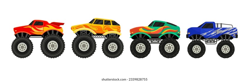 Monster Trucks and Heavy Cars with Large Tires and Black Tinted Windows Vector Set