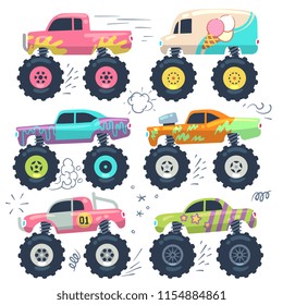 Monster trucks. Kids car toys. Cartoon vector set transport heavy, automobile monster, auto car power illustration